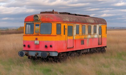 Obraz premium Vintage Train Car Sitting Abandoned in a Field on Cloudy Day