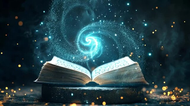Enchanted book releasing magical energy in a mystical setting