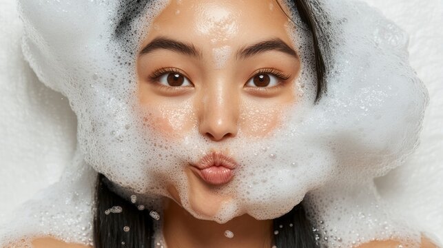 Young asian woman covered in bubbles makes a kissy face