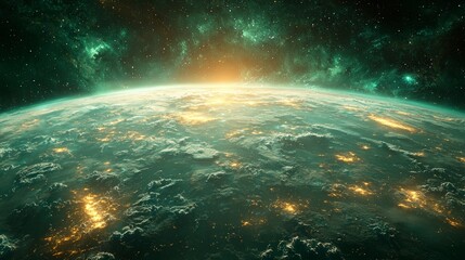 Fototapeta premium Futuristic Earth Night City Lights Space Planet Galaxy Sunrise
