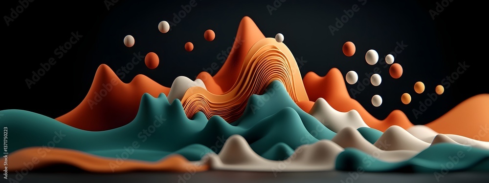 Poster abstract animation depicting the propagation of waves through a vibrant 3d topographical landscape a