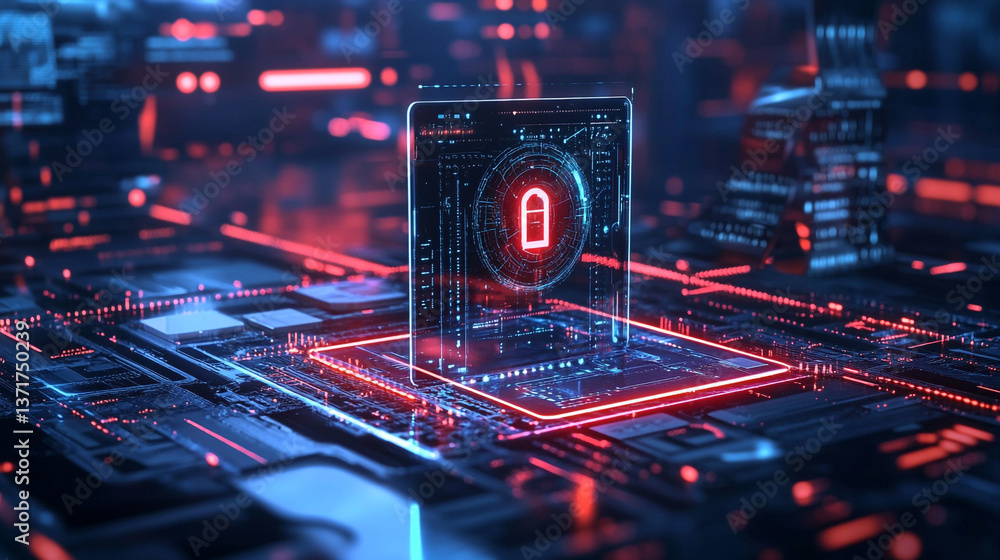 Aufkleber digital lock on a futuristic circuit board with red and blue neon lights and complex circuitry