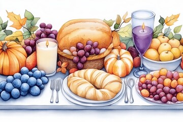 A soft watercolor painting of a Thanksgiving dinner table with rich autumn colors and warm candlelight