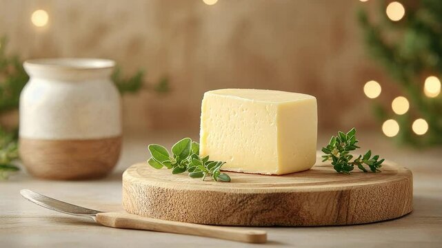 Creamy cheese on a wooden board with herbs and soft lighting