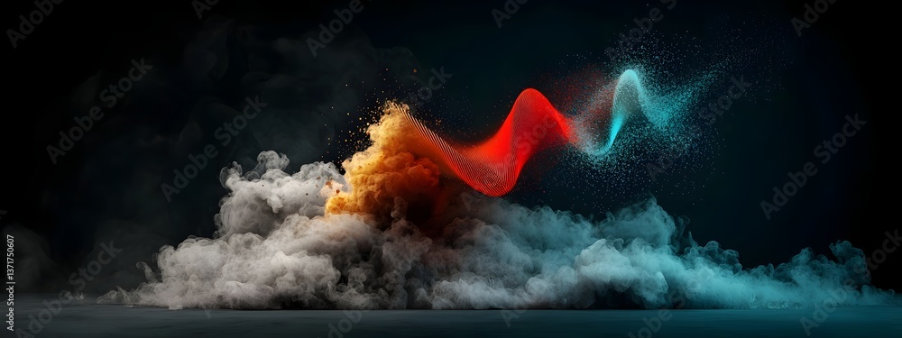 Poster an abstract digital visualization depicting the interference and beat patterns of a wave packet