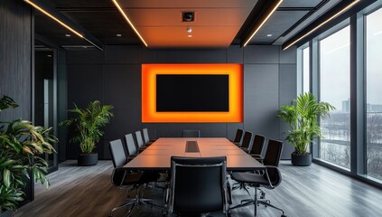 Modern Conference Room With Orange Backlit Display