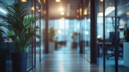 Indoor plants decorate a modern office hallway with glass walls