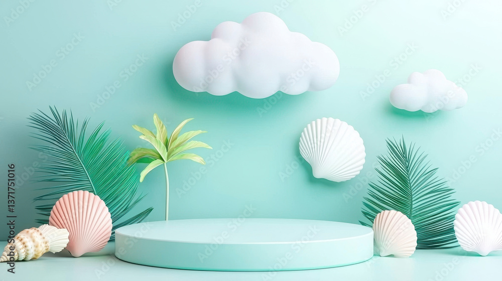 Poster serene product display on podium features soft clouds and seashells against mint green backdrop, cre