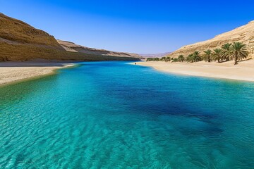 Fototapeta premium A stunning desert oasis with crystal-clear turquoise waters surrounded by lush palm trees
