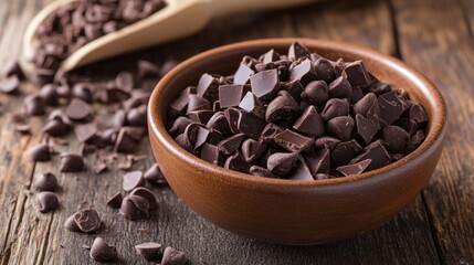 Fototapeta premium Dark Chocolate Chunks in Rustic Bowl on Wooden Table