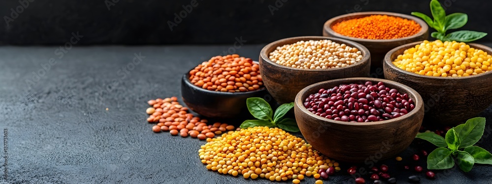 Aufkleber an array of colorful and nutritious legumes grains and pulses arranged in earthy toned wooden bowls 