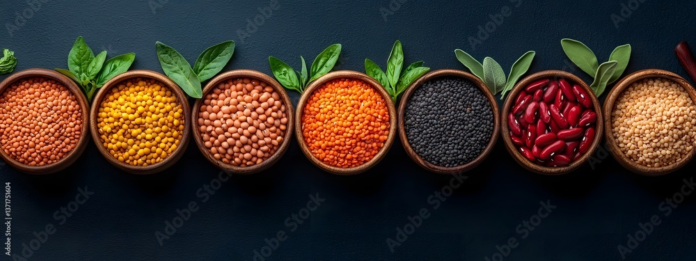 Poster an array of colorful and textured dried beans lentils and whole grains displayed in wooden bowls and