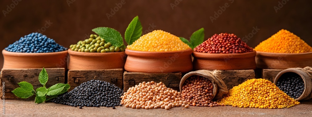 Poster an array of colorful and textured grains legumes and pulses arranged in rustic wooden crates and ear