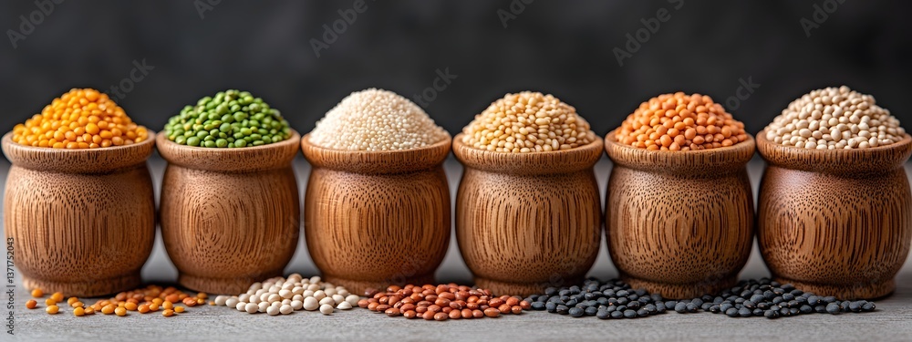 Aufkleber an array of nutritious whole grains beans and lentils displayed in a row of rustic wooden bowls show