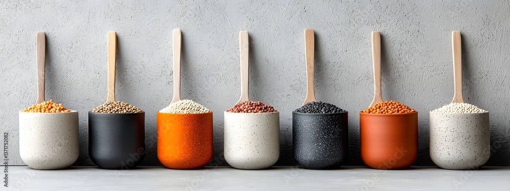Poster an array of stoneware bowls brimming with an assortment of pulses grains and legumes carefully arran