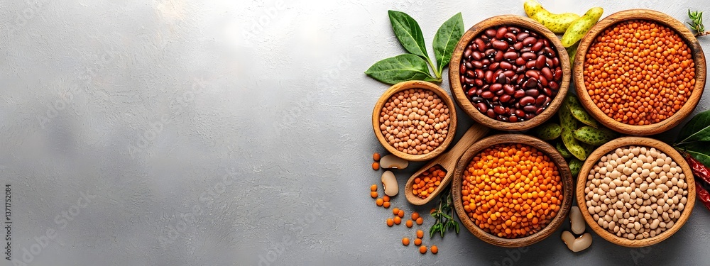 Aufkleber an array of various beans lentils and other nutritious pulses displayed in rustic wooden bowls showc