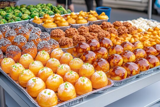 A vendor selling traditional Brazilian street food like coxinhas and churros at a carnival street party