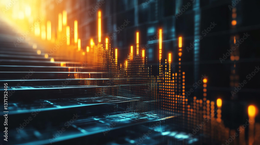 Poster abstract technology background featuring illuminated steps and a digital graphic display
