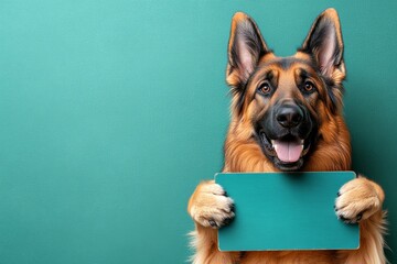 Ð¡ute dog german shepherd hold in front paws a layout - large blue alley sign. Fluffy friend with sign. Isolated canine on a solid attire green background. Dog near poster. Pet face near sign.