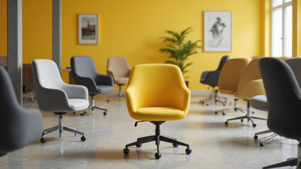 Modern office chairs in bright workspace with yellow accent wall create vibrant atmosphere