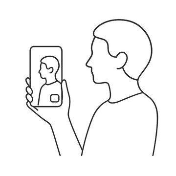 recommend clip art: 人物がスマートフォンでビデオ通話やセルフィーをしている様子をシンプルな線画で描いています。スマホ画面には同じ人物の姿が表示されており、自己撮影や通信を表現しています。