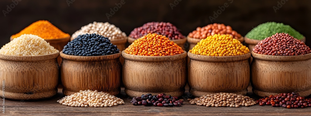 Poster an artful still life composition featuring an array of rustic wooden containers brimming with a vibr