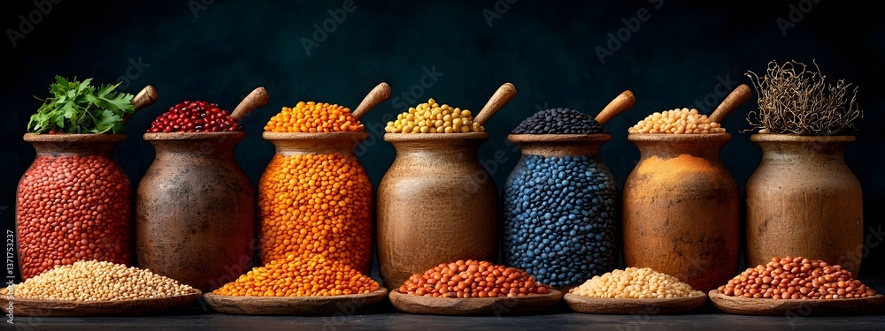 Aufkleber an artfully arranged display of earthy textural earthenware containers overflowing with an array of 