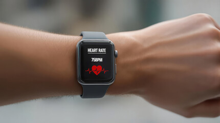 Smart watch on wrist of person displaying heart rate