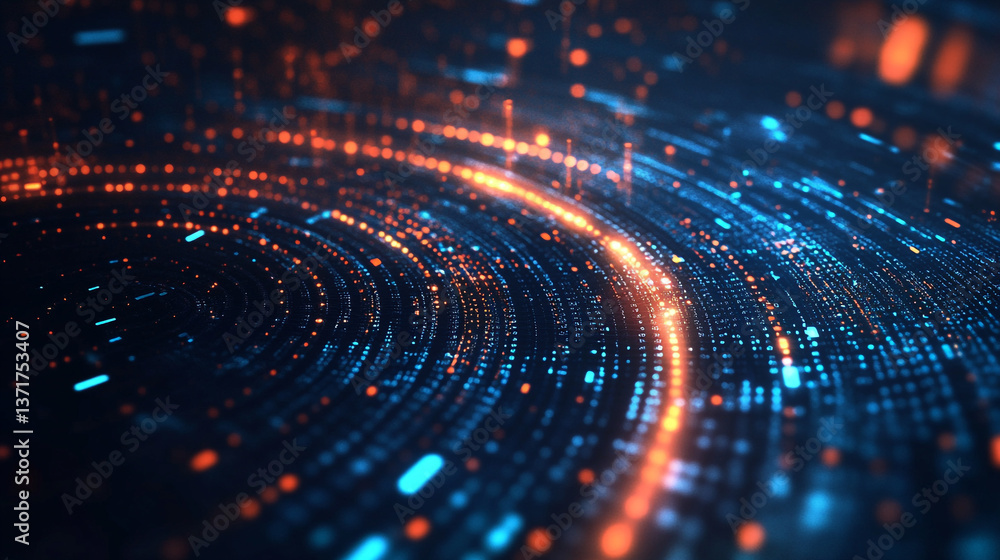 Poster abstract digital background with glowing orange and blue dots forming circular patterns and lines