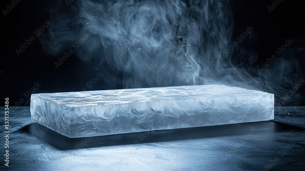 Poster large block of ice sits on dark surface, surrounded by wisps of steam rising into air, creating captivating visual effect. product showcases beauty of ice in dramatic setting