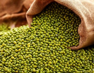 Close-up of freshly harvested mung beans spilling from a cloth bag, Freshly collected mung beans