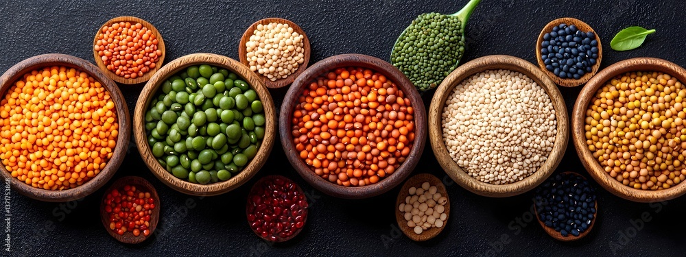 Poster an assortment of colorful legumes lentils and grains displayed in a minimalist arrangement of rustic
