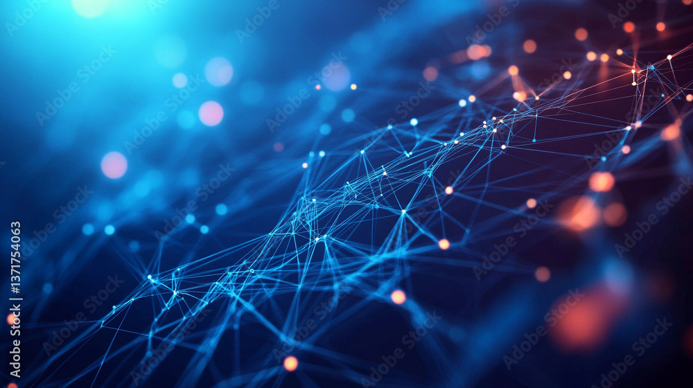 Poster abstract network with blue lines and orange dots connecting on a dark blue background