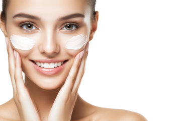 portrait of young asian beautiful smiling female touching cheeks with fingers as if applying skincare cream