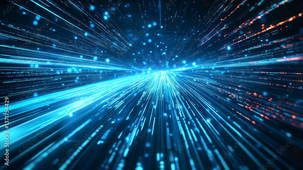 Poster abstract blue light streaks converging towards a vanishing point with bokeh effect and dark backgrou