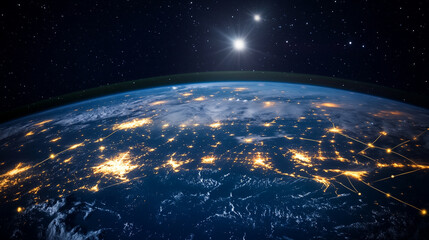 Earth at night from space showing city lights and stars in the dark sky above the planet