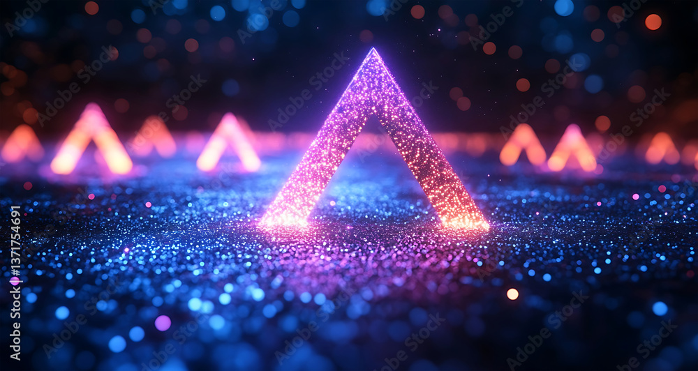 Aufkleber an abstract, futuristic scene of glowing geometric shapes floating in a sea of digital particles, ev