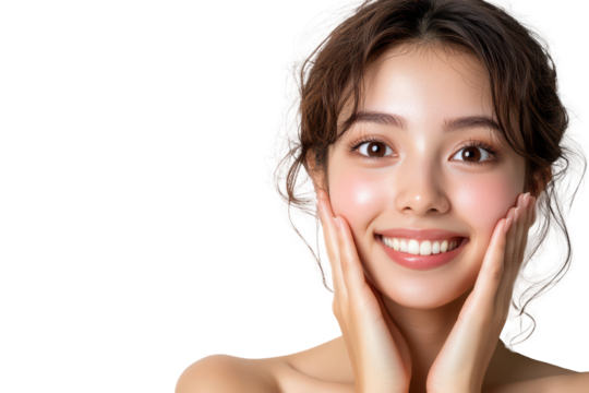 portrait of young asian beautiful smiling female touching cheeks with fingers as if applying skincare cream