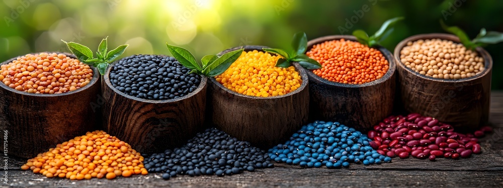 Poster An assortment of vibrant beans lentils and other pulses displayed in an array of rustic wooden containers creating a visually appealing still life with a natural earthy aesthetic
