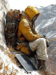 Solitary hiker rests on snowy mountainside, using portable solar panel; rugged, weathered clothing; contemplative mood.