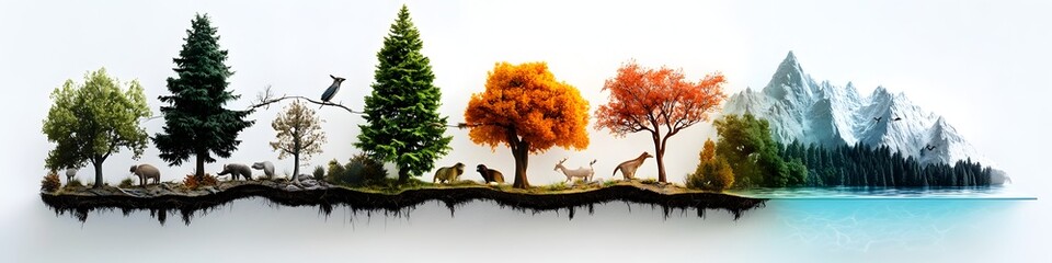 An depicting the seasonal changes and wildlife adaptations within a diverse forest habitat