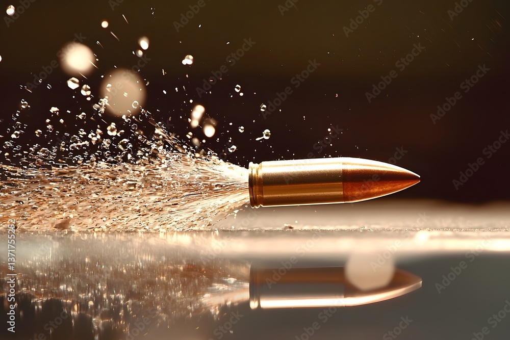 Poster bullet piercing through water, creating splashes and reflections, showcasing dynamic motion and impa