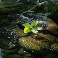 Obraz premium 清流と葉っぱ