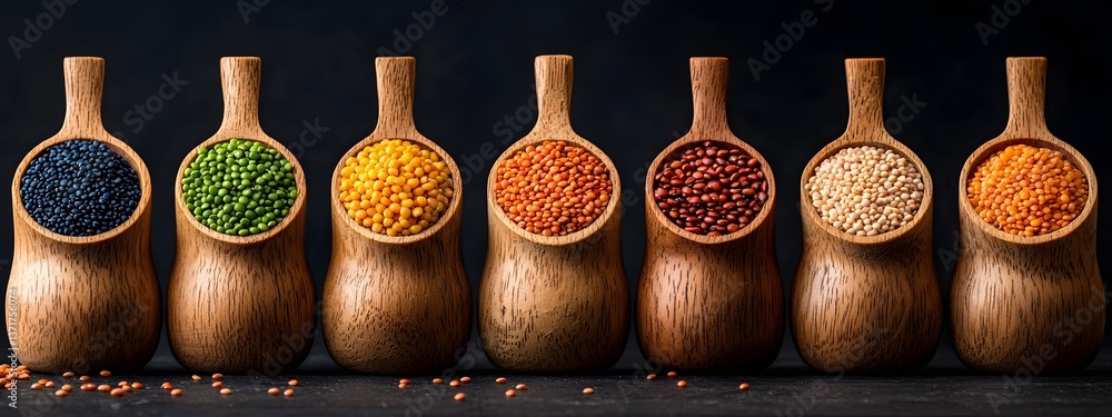 Poster assortment of diverse beans lentils and whole grains displayed in a minimalist rustic still life arr