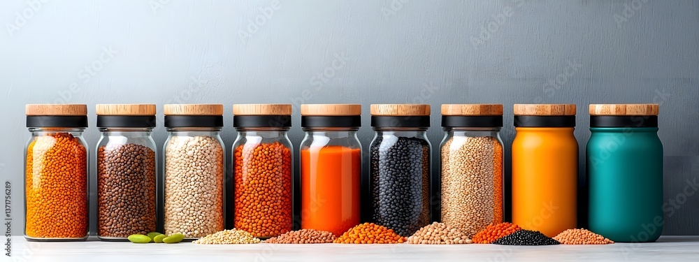 Aufkleber beautifully arranged wooden jars filled with an array of wholesome pulses grains and legumes capture