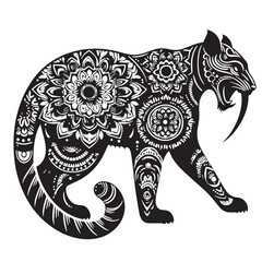 Black Saber-toothed Cat Silhouette Vector, High Quality Illustration on White Background