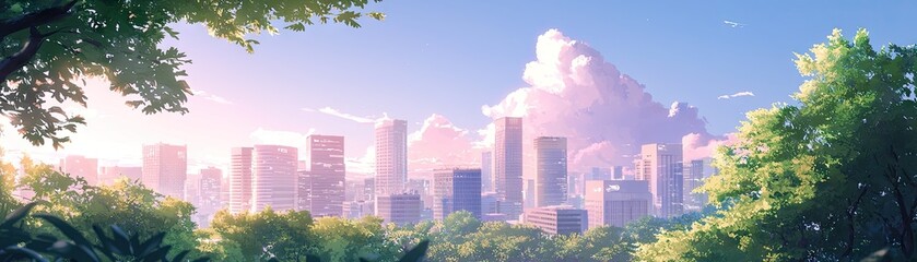 City skyline viewed from park, sunrise.  Peaceful urban scene