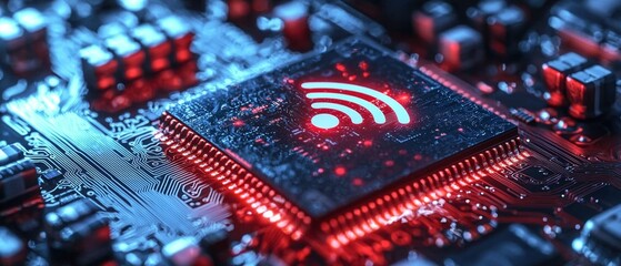 Fototapeta premium High-resolution shot of a circuit board with a radiant WiFi logo.