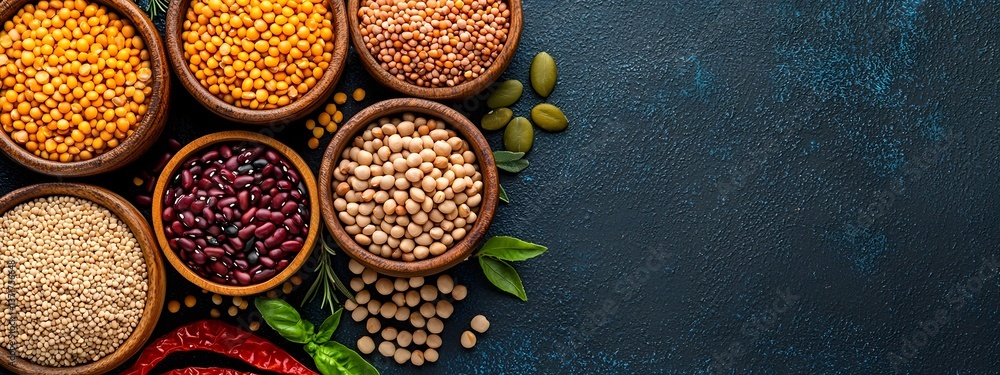 Poster carefully composed still life image depicting an array of colorful and textured grains legumes and b