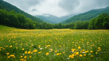 Fototapeta premium Mountain meadow with blooming wildflowers and cloudy sky.